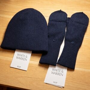 White + Warren Deep Navy 100% Cashmere Beanie Hat & Pop-Top Gloves Set NWT